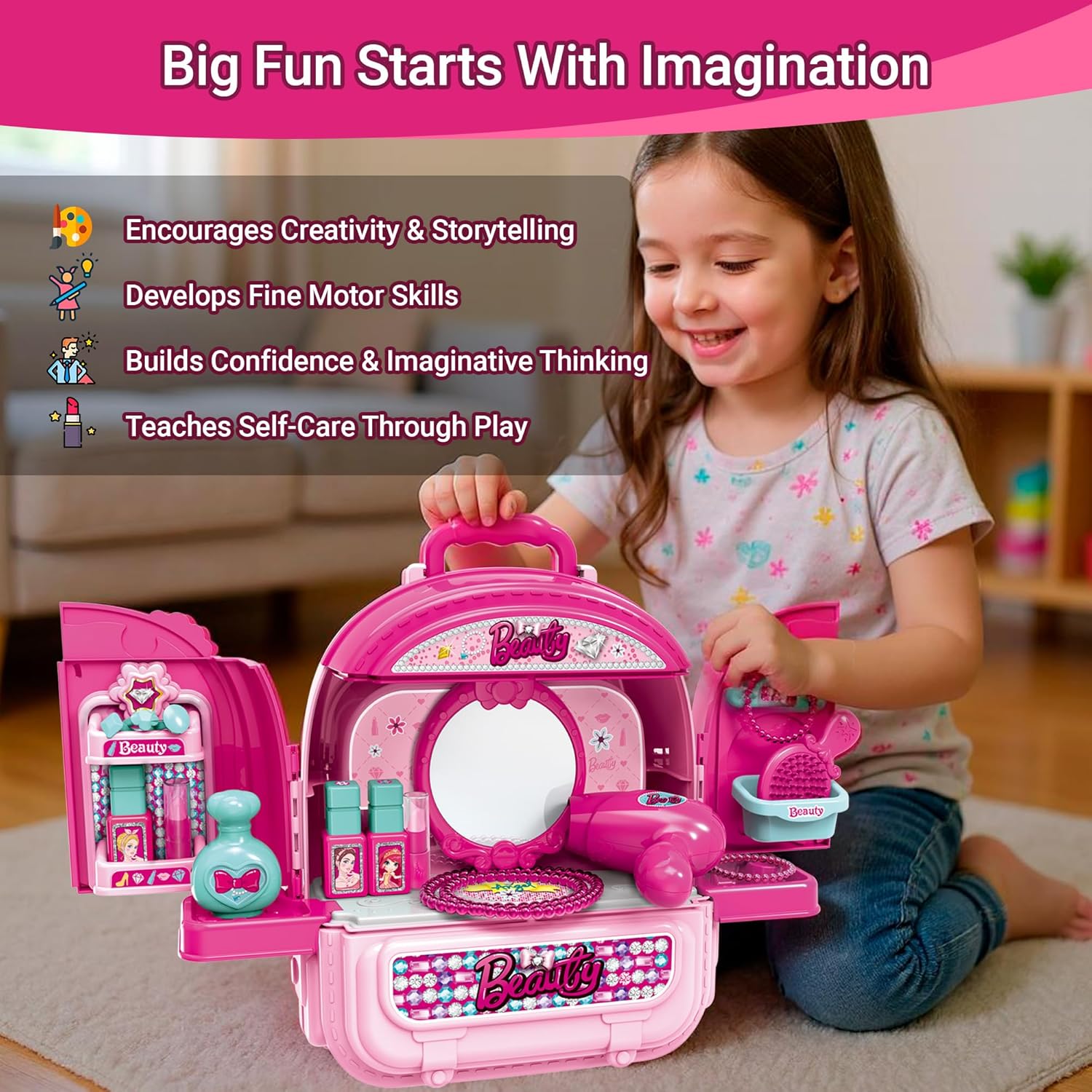 Beauty Vanity Backpack Toy — 3 in 1 Makeup Playset, Dollhouse & Carry Case with Mirror, Accessories & Hair Tools, Pretend Beauty Kit for Girls Ages 3+ OleocaToys