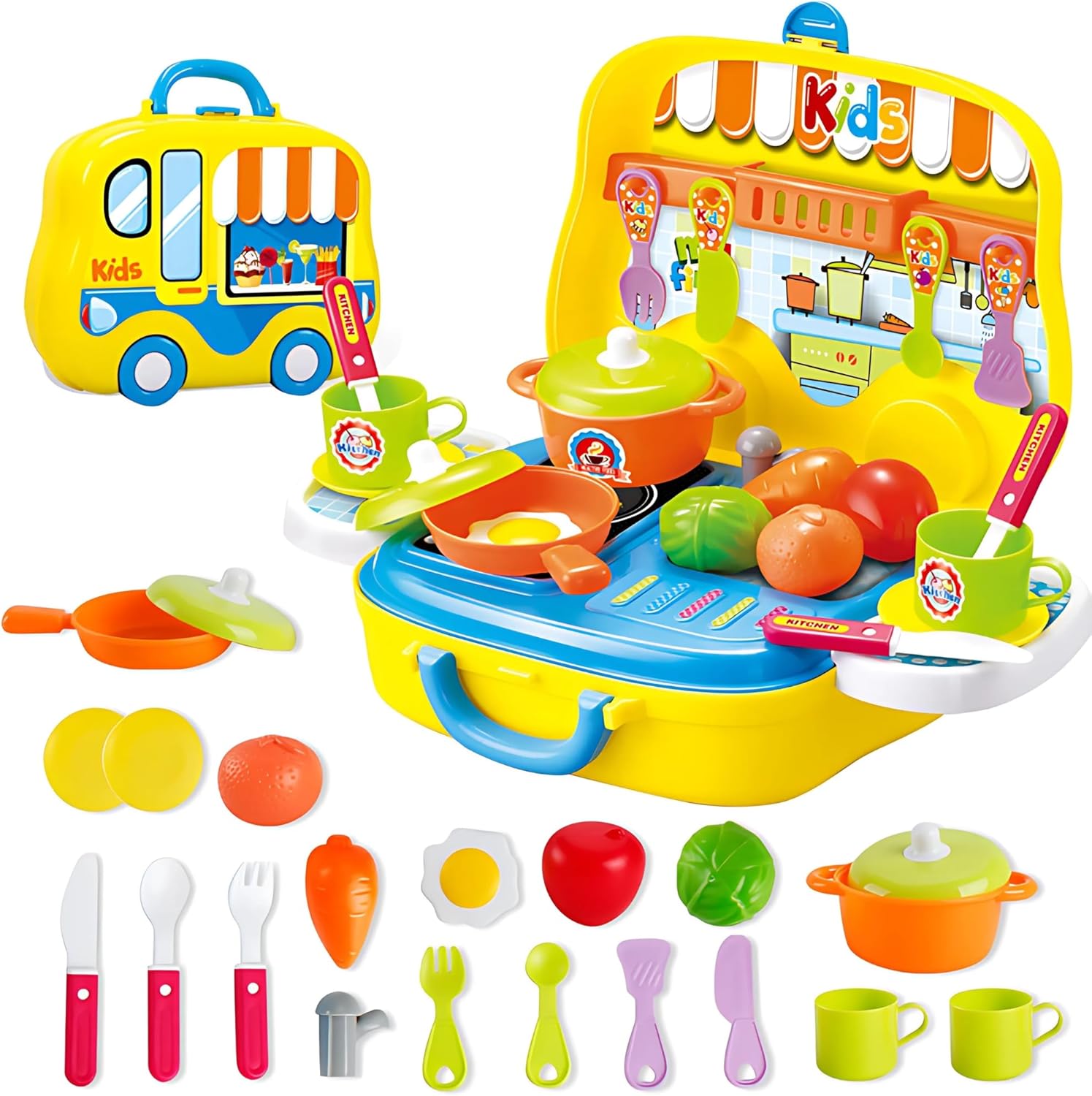 Toddler Kitchen Playset — 25 Piece Portable Pretend Kitchen Set with Toy Food, Utensils, Pots & Cups, Easy Storage Cooking Gift for Girls & Boys Ages 3+ OleocaToys