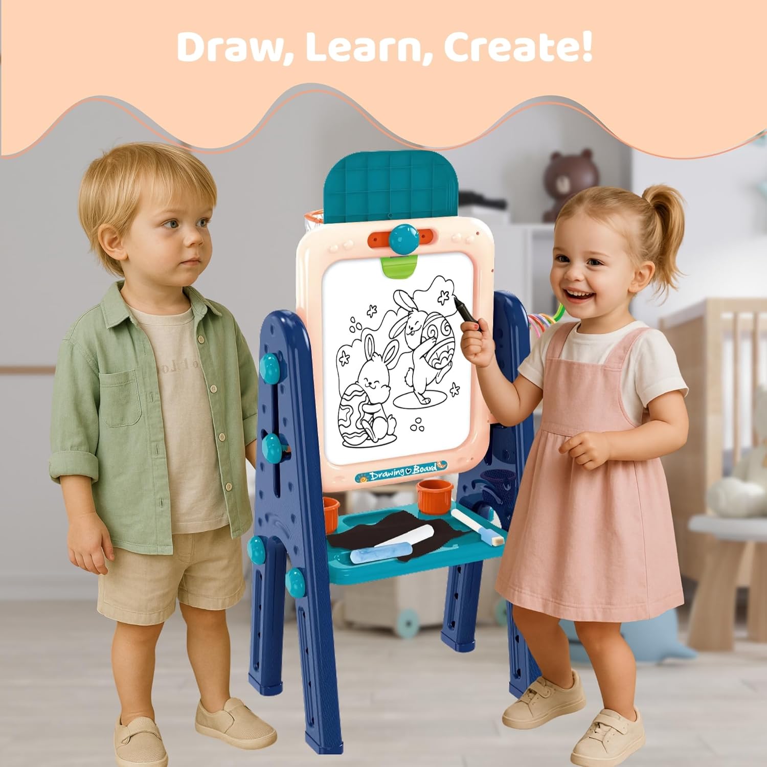 Easel for Kids – 4 in 1 Double Sided Toddler Art Easel with Magnetic Whiteboard, Chalk Board, Basketball Hoop & Ring Toss Game – Multifunctional Easel with Drawing Accessories for Ages 3+ OleocaToys