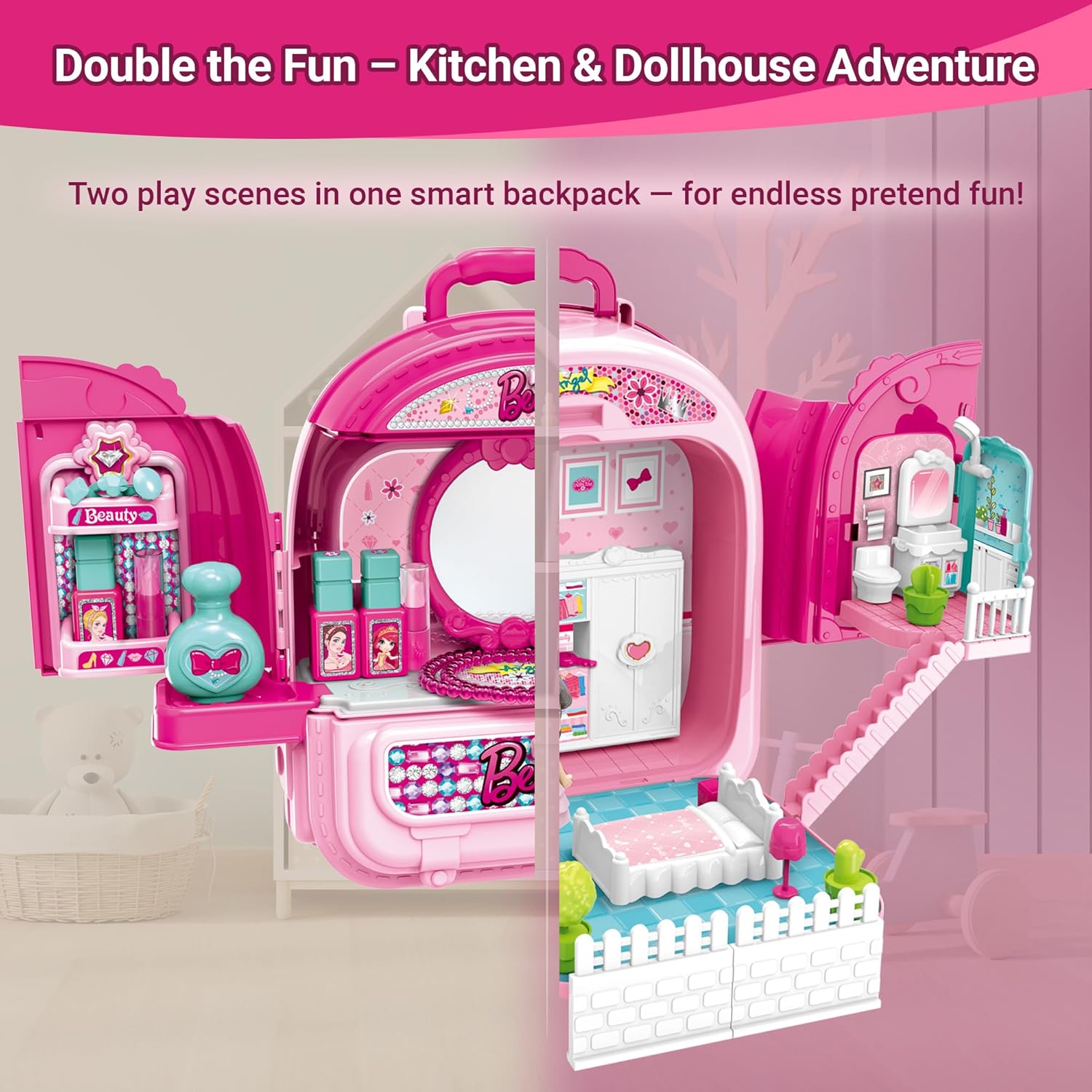 Beauty Vanity Backpack Toy — 3 in 1 Makeup Playset, Dollhouse & Carry Case with Mirror, Accessories & Hair Tools, Pretend Beauty Kit for Girls Ages 3+ OleocaToys