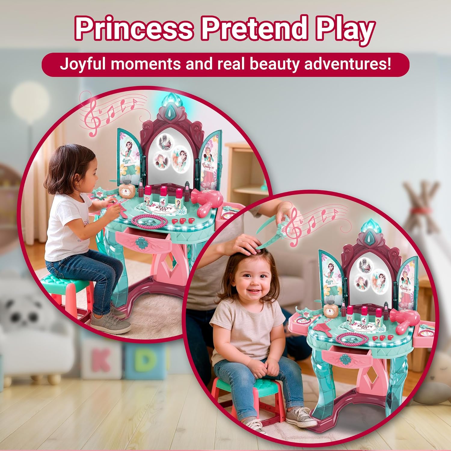 Toddler Vanity Table for Girls — Princess Makeup Playset with Light & Sound Mirror, Magic Sensor, Stool & Accessories, Pretend Beauty Toy for Ages 3+ OleocaToys
