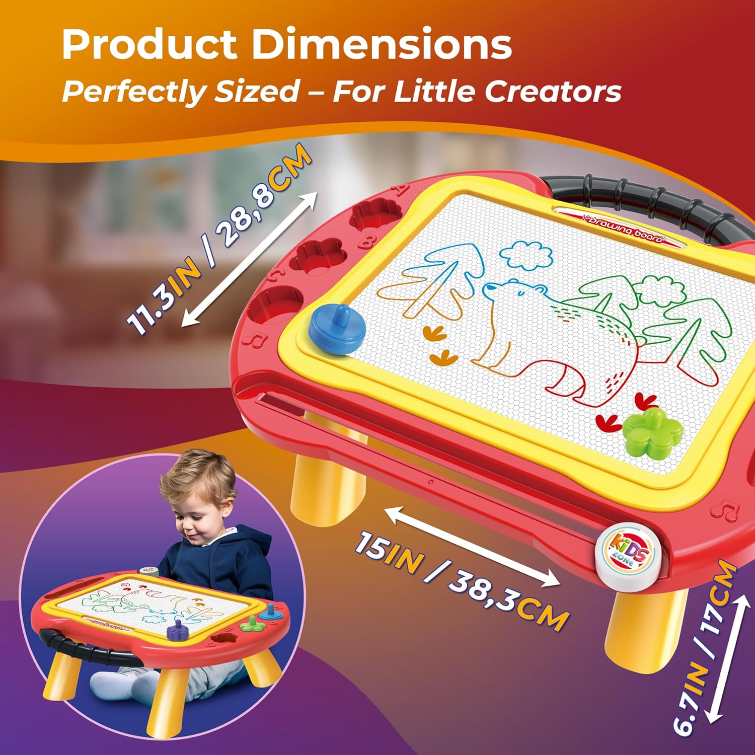 Magnetic Drawing Board for Kids — 2 in 1 Erasable Table & Portable Doodle Pad with Color Zones, Pen & Stamps – Travel Learning Toy, Gift for Boys & Girls Ages 3+ OleocaToys