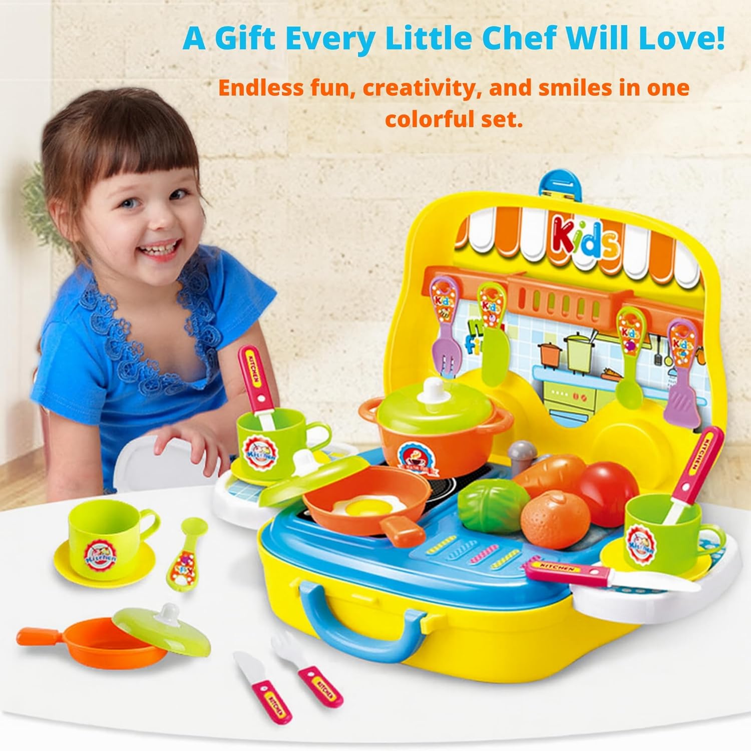 Toddler Kitchen Playset — 25 Piece Portable Pretend Kitchen Set with Toy Food, Utensils, Pots & Cups, Easy Storage Cooking Gift for Girls & Boys Ages 3+ OleocaToys