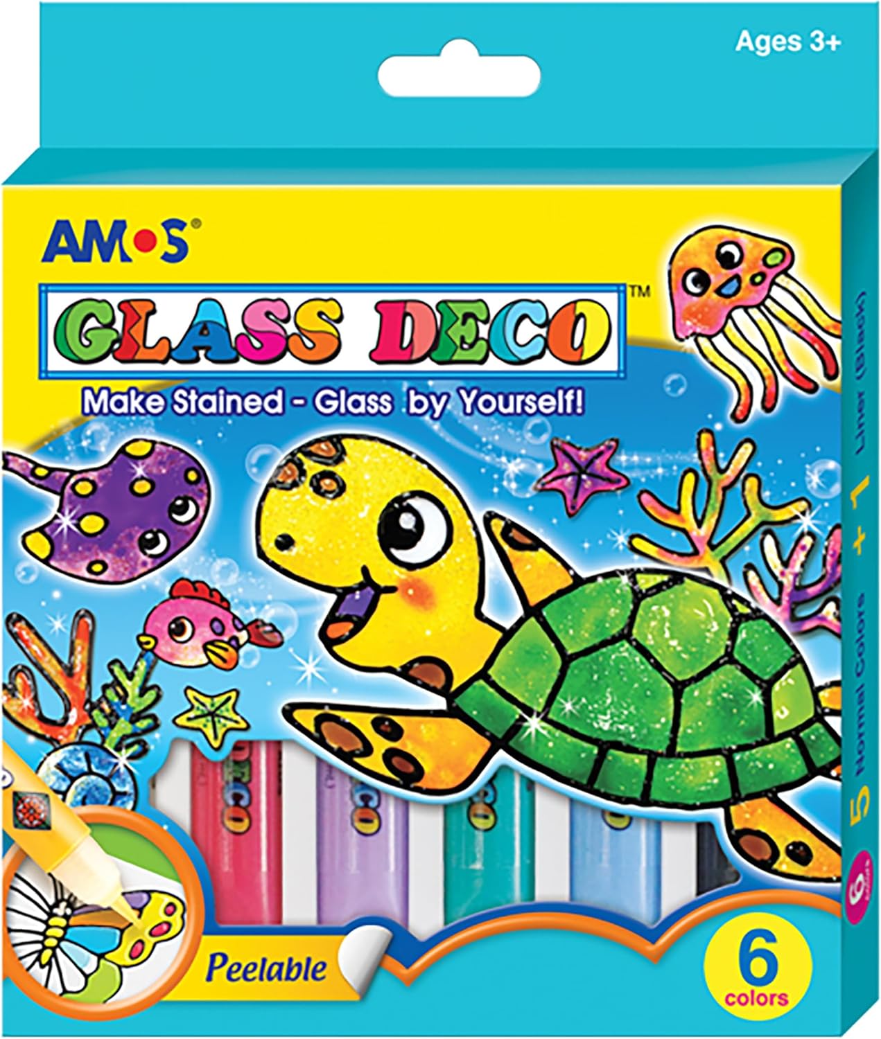 AMOS Glass Deco Window Art Kit — 10.5 ml x 5 Colors — Black Liner, 2 Vinyl Sheets & Pattern Templates, DIY Stained Glass Paint Set for Kids OleocaToys