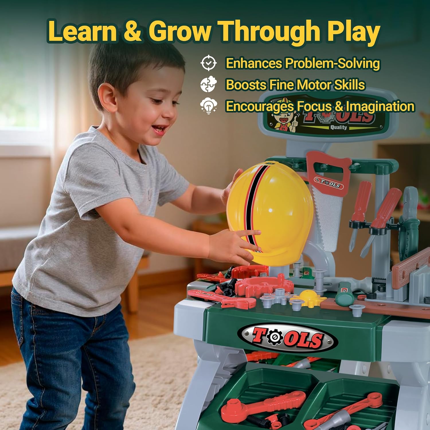 Toddler Tool Bench — Pretend Workbench with Toy Tools, Helmet, Screws & Gears, Creative Construction Playset for Hands-On Role Play, Gift for Kids Ages 3+ OleocaToys