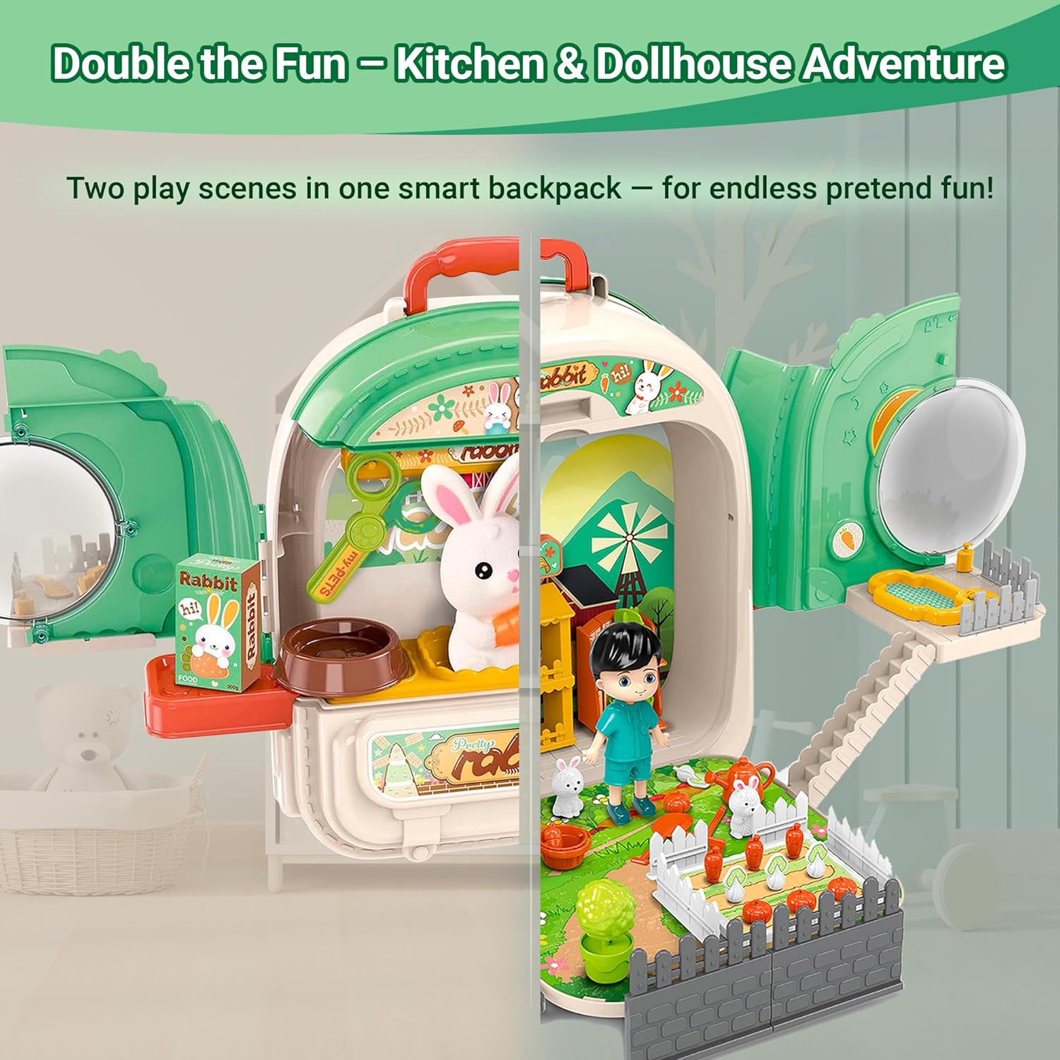 Vegetable Farm Backpack Toy — 3 in 1 Play Set with Rabbit Toys for Kids, Garden Accessories & Carry Case, Double-Sided Activity Set for Ages 3+ OleocaToys