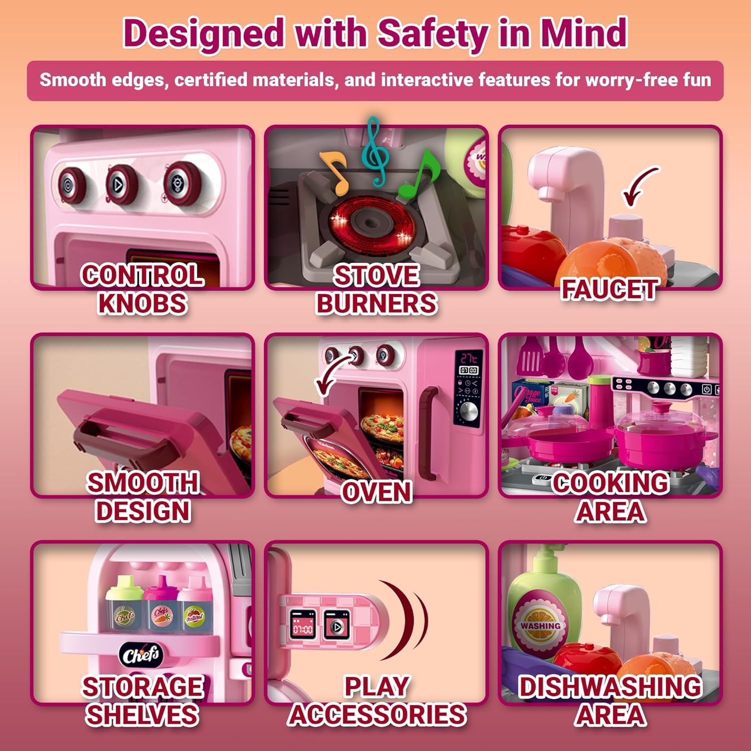 Kids Kitchen Playset — Toy Stove with Lights & Sound, Sink with Running Water, Oven, 53 Accessories & Cooking Tools, Pretend Cooking Gift for Girls Ages 3+ OleocaToys