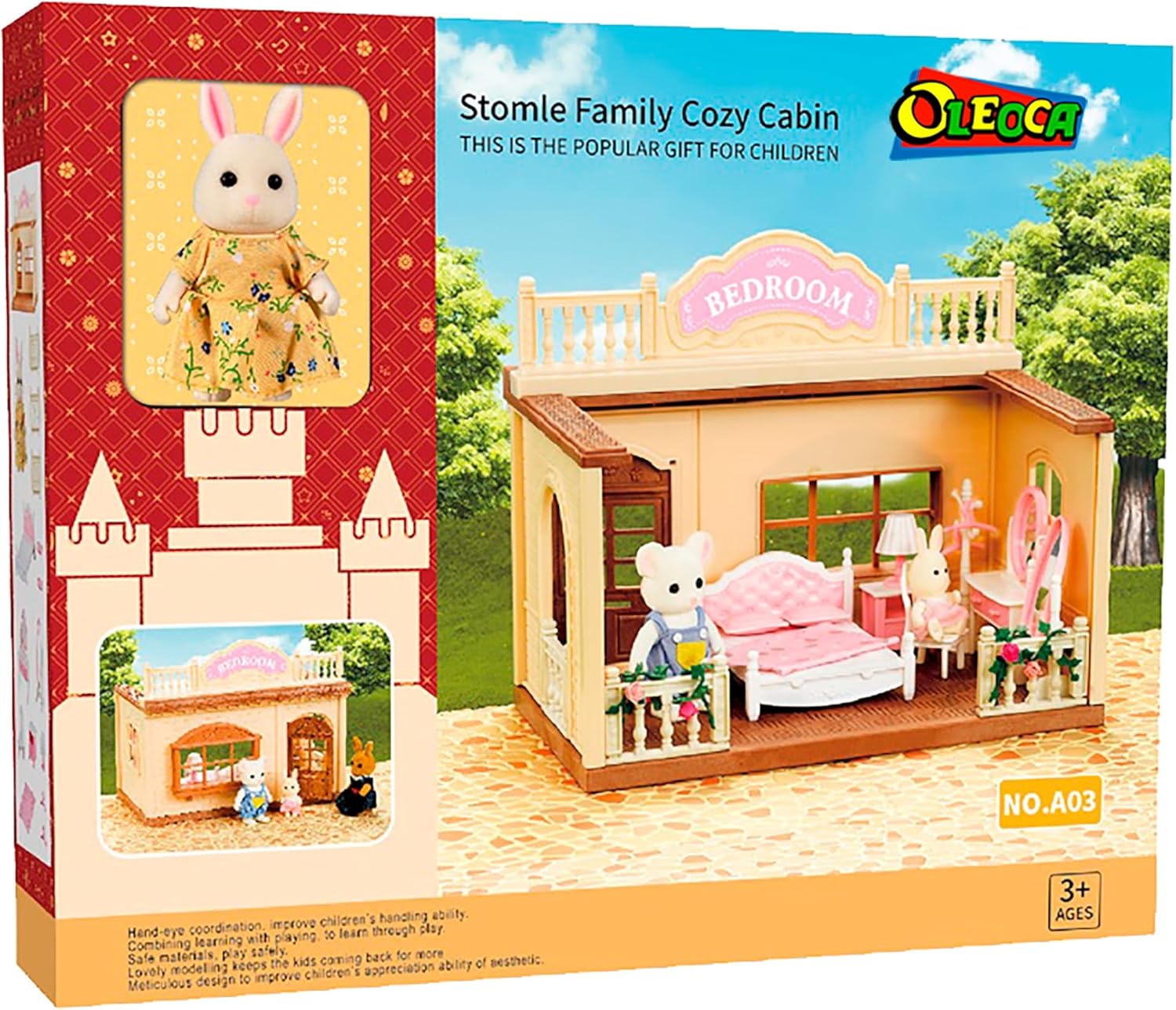Family Bedroom Doll House — Cozy Cabin with Bunny Figure, Bed, Vanity & Accessories, Complete Modular Dollhouse Playset for Creative Pretend Play Ages 3+ OleocaToys