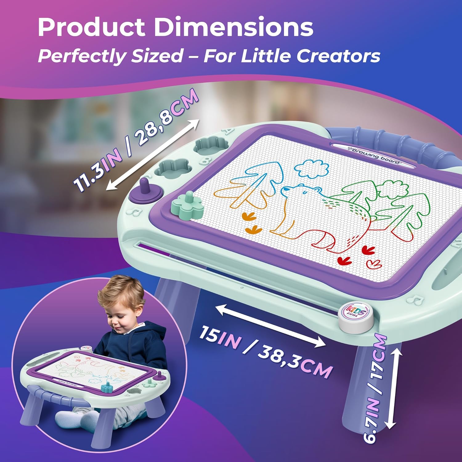 Magnetic Drawing Board for Kids — 2 in 1 Erasable Table & Portable Doodle Pad with Color Zones, Pen & Stamps – Travel Learning Toy, Gift for Boys & Girls Ages 3+ OleocaToys