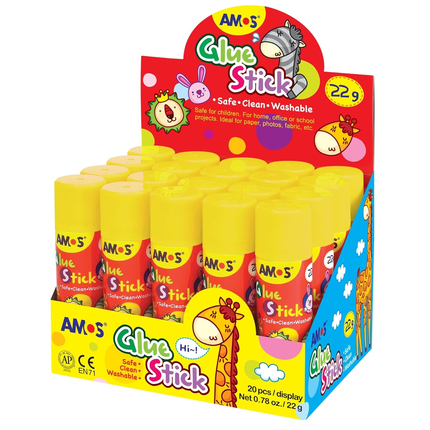 AMOS Glue Sticks — 8 g (0.28 oz), 30 Sticks in Display Box, Kid’s Design for School, Office & Crafts — Washable, Non-Toxic, Acid-Free OleocaToys