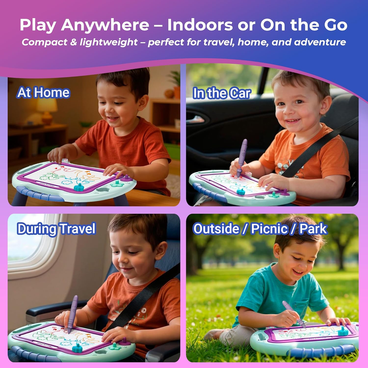 Magnetic Drawing Board for Kids — 2 in 1 Erasable Table & Portable Doodle Pad with Color Zones, Pen & Stamps – Travel Learning Toy, Gift for Boys & Girls Ages 3+ OleocaToys