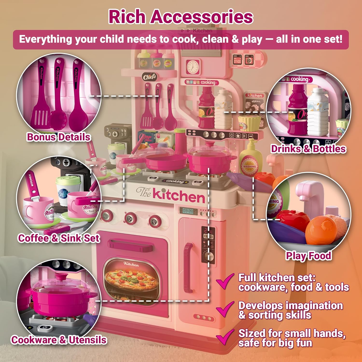 Kids Kitchen Playset — Toy Stove with Lights & Sound, Sink with Running Water, Oven, 53 Accessories & Cooking Tools, Pretend Cooking Gift for Girls Ages 3+ OleocaToys