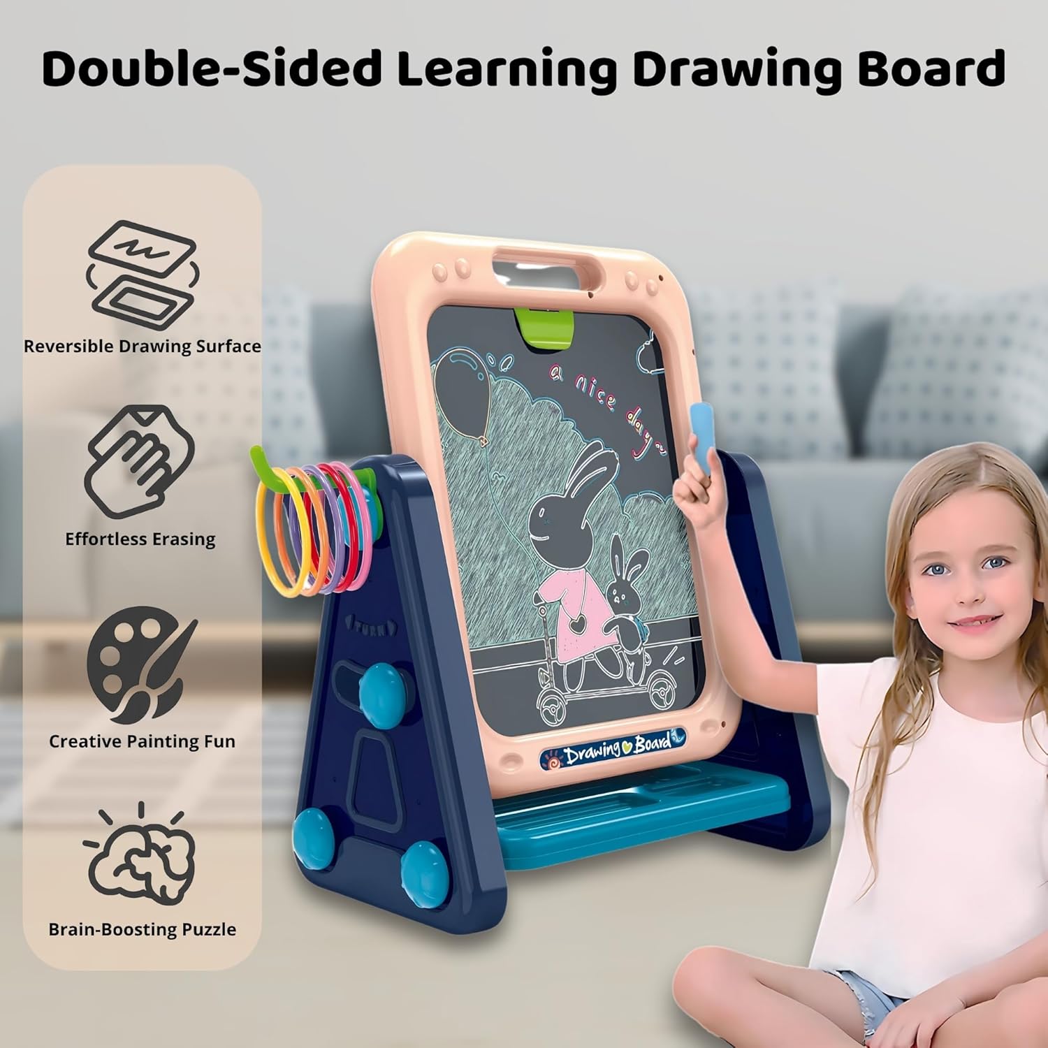 Toddler Easel — 4 in 1 Double Sided Art Easel for Kids with Magnetic Whiteboard, Chalk Board, Adjustable Drawing Angle & Ring Toss Game – Creative Learning Toy for Ages 3+ OleocaToys