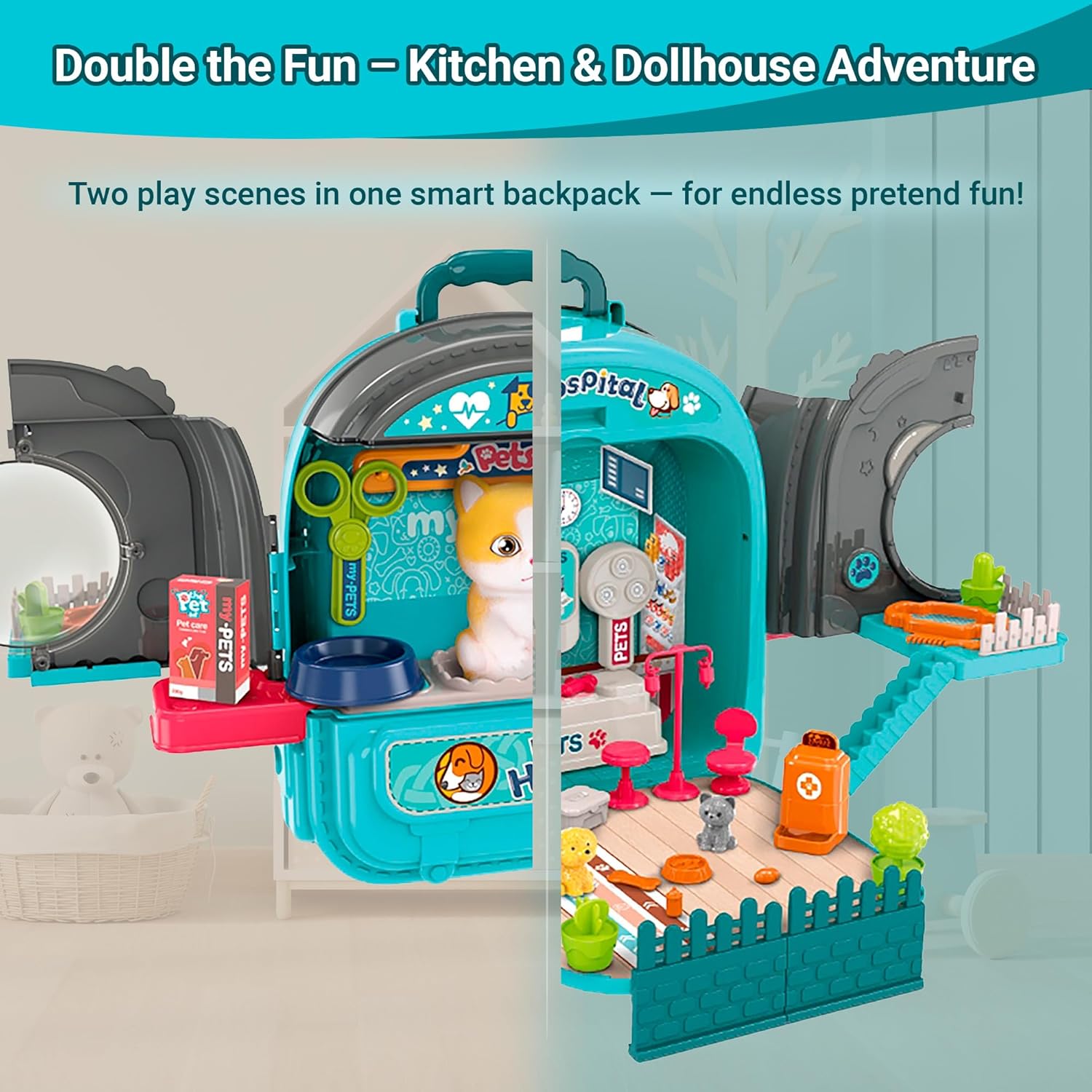 Pet Hospital Backpack Toy — 3 in 1 Portable Veterinarian Playset for Kids with Cat Figurine, Grooming Table, Pet Clinic & Accessories, Carry Case & Pretend Kit Ages 3+ OleocaToys