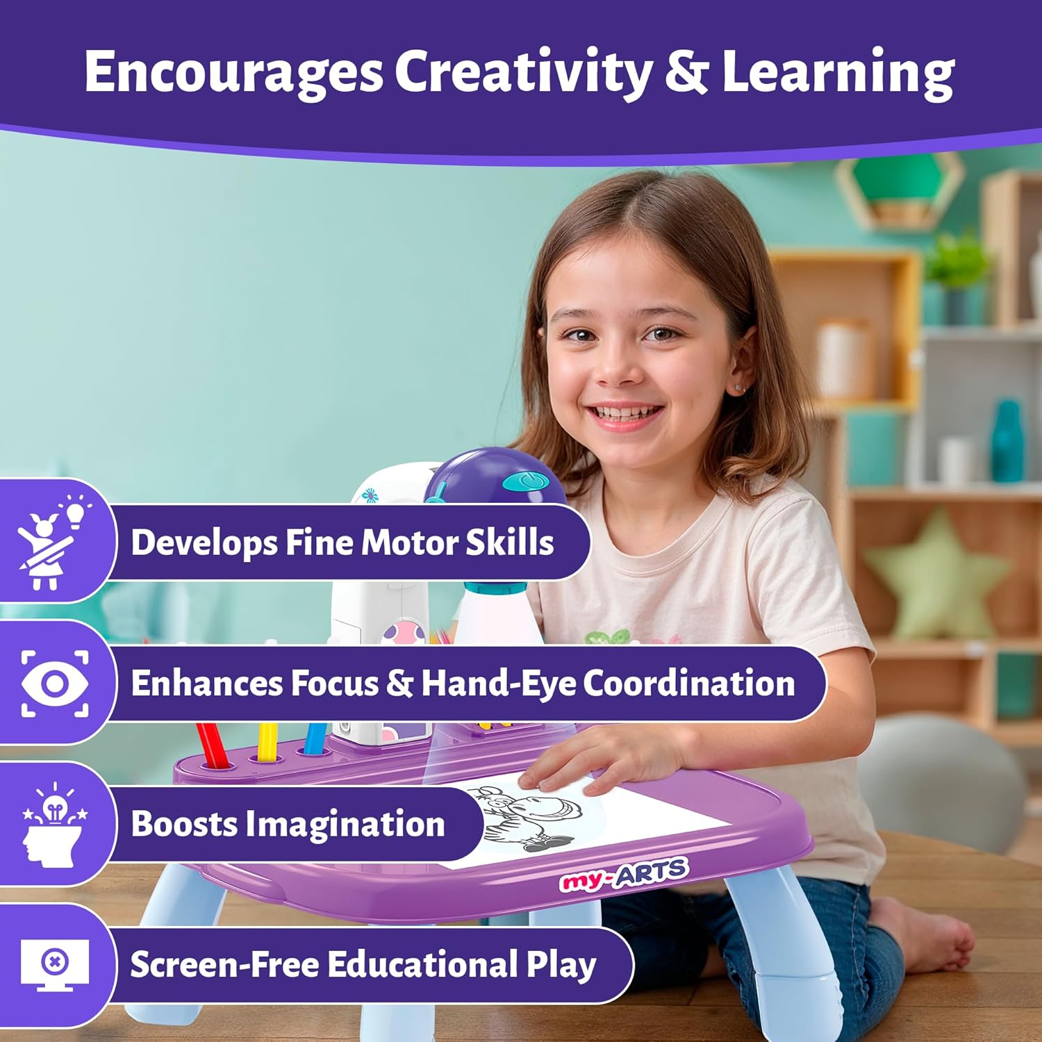 Drawing Projector for Kids – Arts & Crafts Tracing Kit with Markers & Slides, Light-Up Sketch Projector Table for Girls, Creative Gifts for Kids OleocaToys