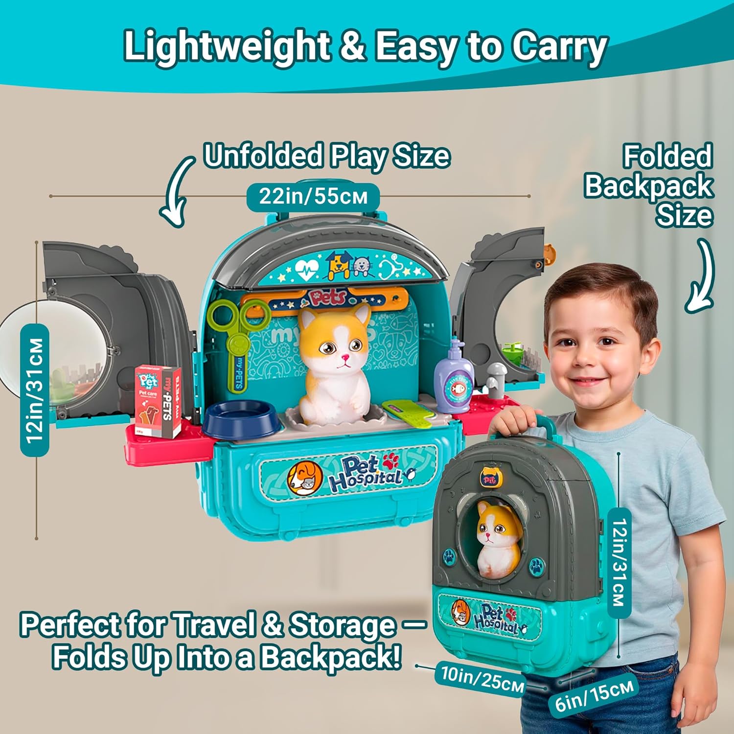 Pet Hospital Backpack Toy — 3 in 1 Portable Veterinarian Playset for Kids with Cat Figurine, Grooming Table, Pet Clinic & Accessories, Carry Case & Pretend Kit Ages 3+ OleocaToys