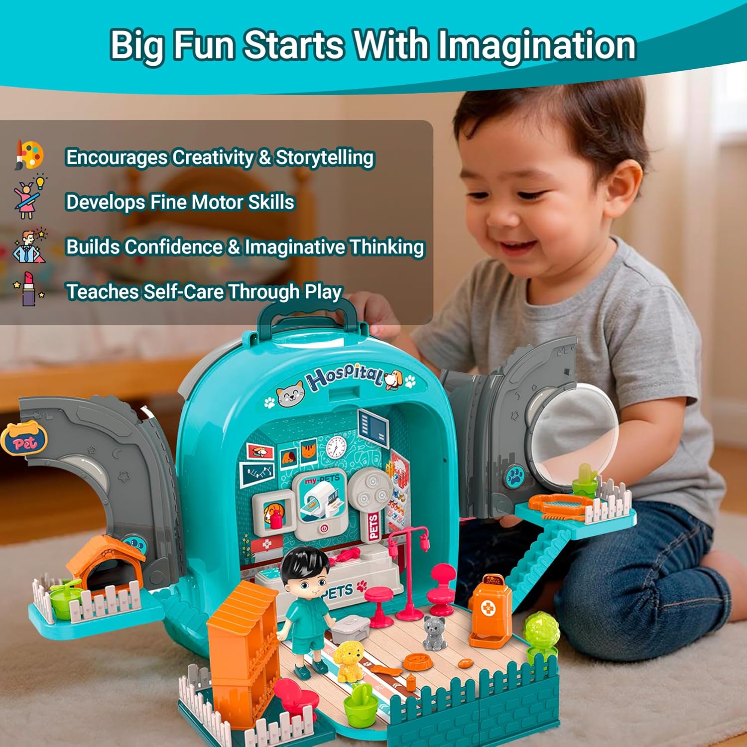 Pet Hospital Backpack Toy — 3 in 1 Portable Veterinarian Playset for Kids with Cat Figurine, Grooming Table, Pet Clinic & Accessories, Carry Case & Pretend Kit Ages 3+ OleocaToys