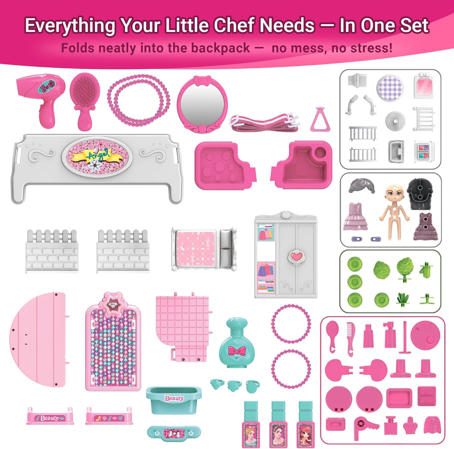 Beauty Vanity Backpack Toy — 3 in 1 Makeup Playset, Dollhouse & Carry Case with Mirror, Accessories & Hair Tools, Pretend Beauty Kit for Girls Ages 3+ OleocaToys