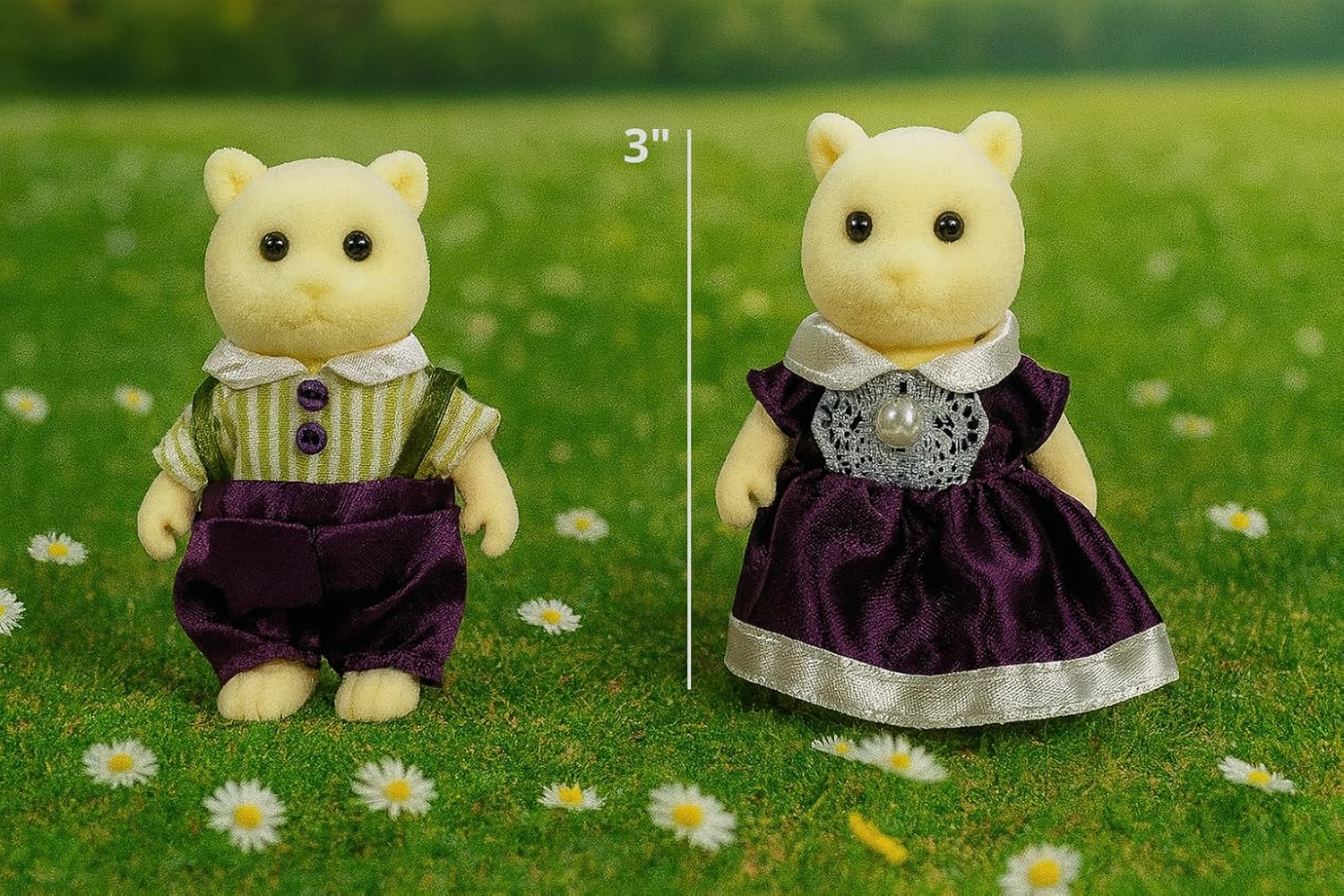 Family Cream Cat Figures — Set of 2 Collectible Flocked Mini Dolls with Removable Clothes, Miniature Dollhouse Pretend Play Figures for Kids Ages 3+ OleocaToys