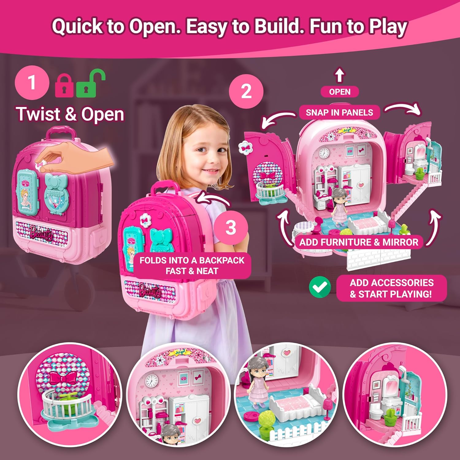 Beauty Vanity Backpack Toy — 3 in 1 Makeup Playset, Dollhouse & Carry Case with Mirror, Accessories & Hair Tools, Pretend Beauty Kit for Girls Ages 3+ OleocaToys