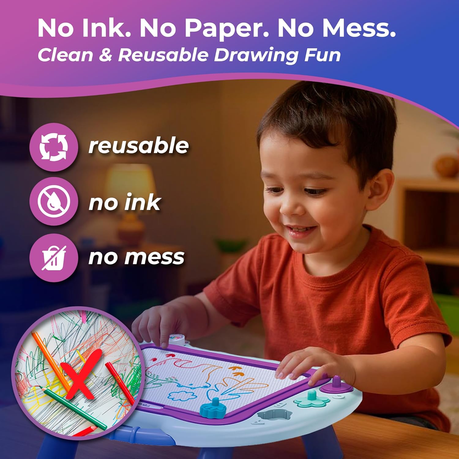 Magnetic Drawing Board for Kids — 2 in 1 Erasable Table & Portable Doodle Pad with Color Zones, Pen & Stamps – Travel Learning Toy, Gift for Boys & Girls Ages 3+ OleocaToys