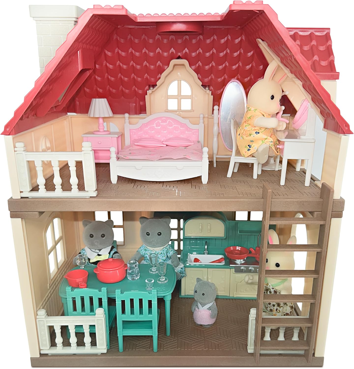 Family Cottage Doll House — 2-Story Country Cottage with Dining Set & Bunny Figure, Complete Dollhouse Playset for Creative Pretend Play, Gift for Kids Ages 3+ OleocaToys