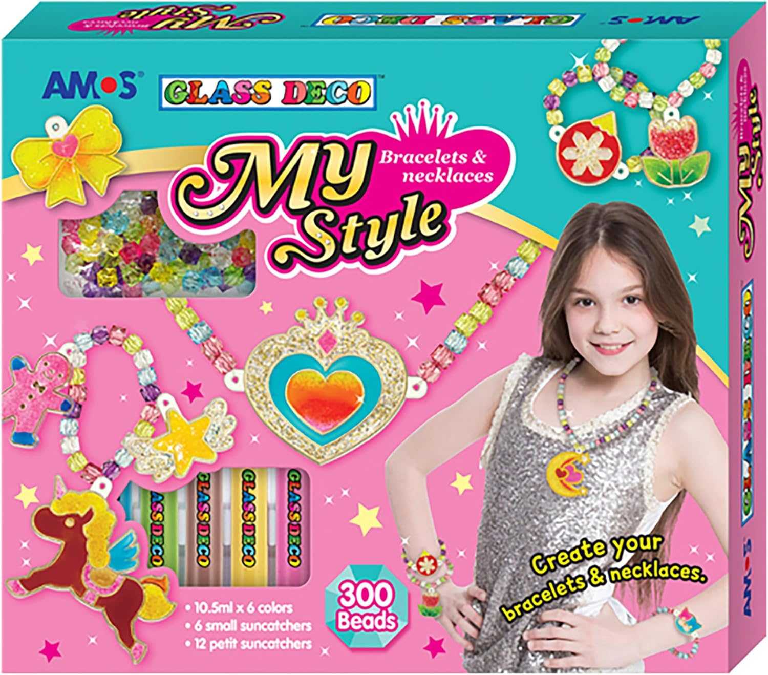 AMOS Glass Deco My Style Jewelry Making Kit — 10.5 ml x 6 Colors — 18 Suncatcher Charms, 300 Beads & String (Bracelets & Necklaces) OleocaToys