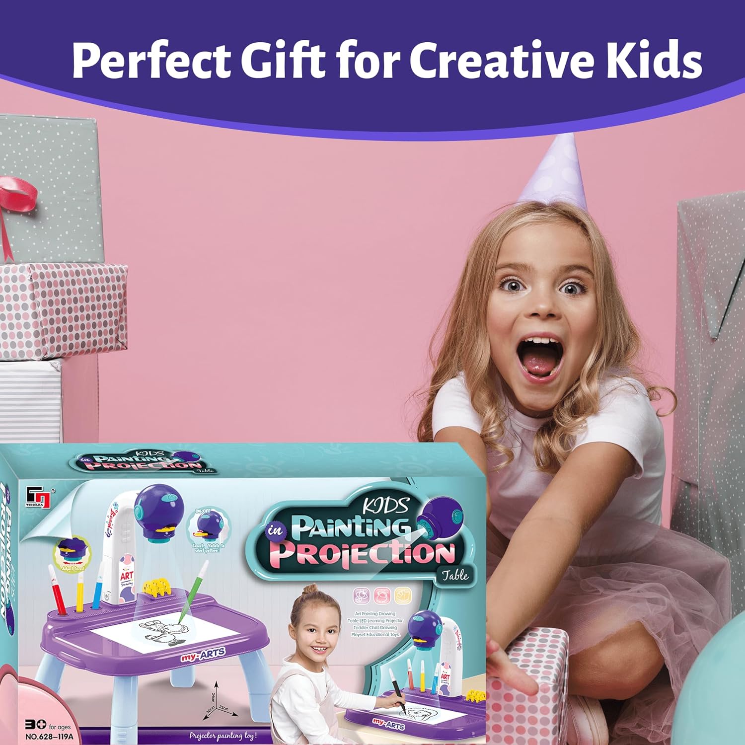 Drawing Projector for Kids – Arts & Crafts Tracing Kit with Markers & Slides, Light-Up Sketch Projector Table for Girls, Creative Gifts for Kids OleocaToys