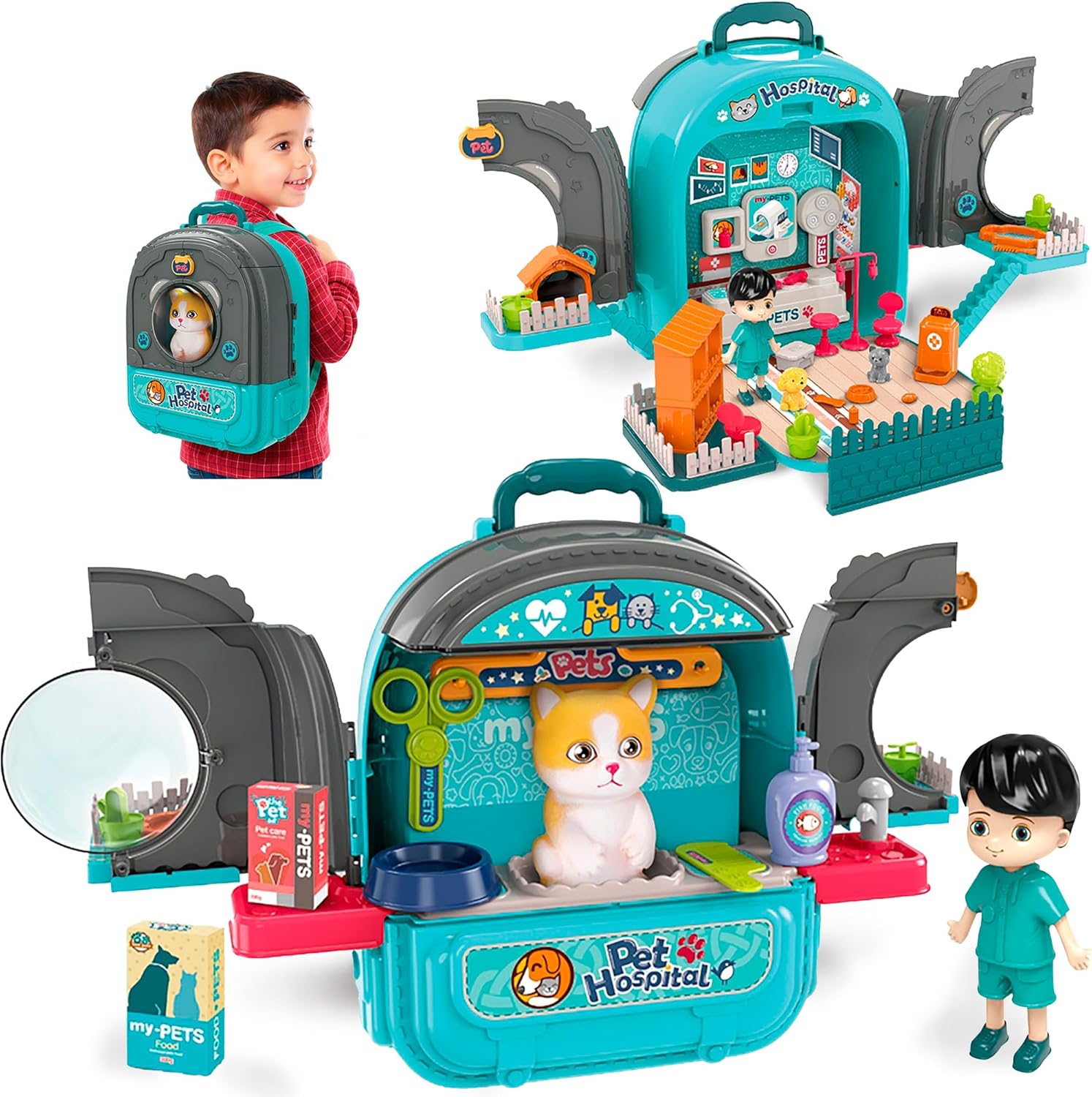 Pet Hospital Backpack Toy — 3 in 1 Portable Veterinarian Playset for Kids with Cat Figurine, Grooming Table, Pet Clinic & Accessories, Carry Case & Pretend Kit Ages 3+ OleocaToys
