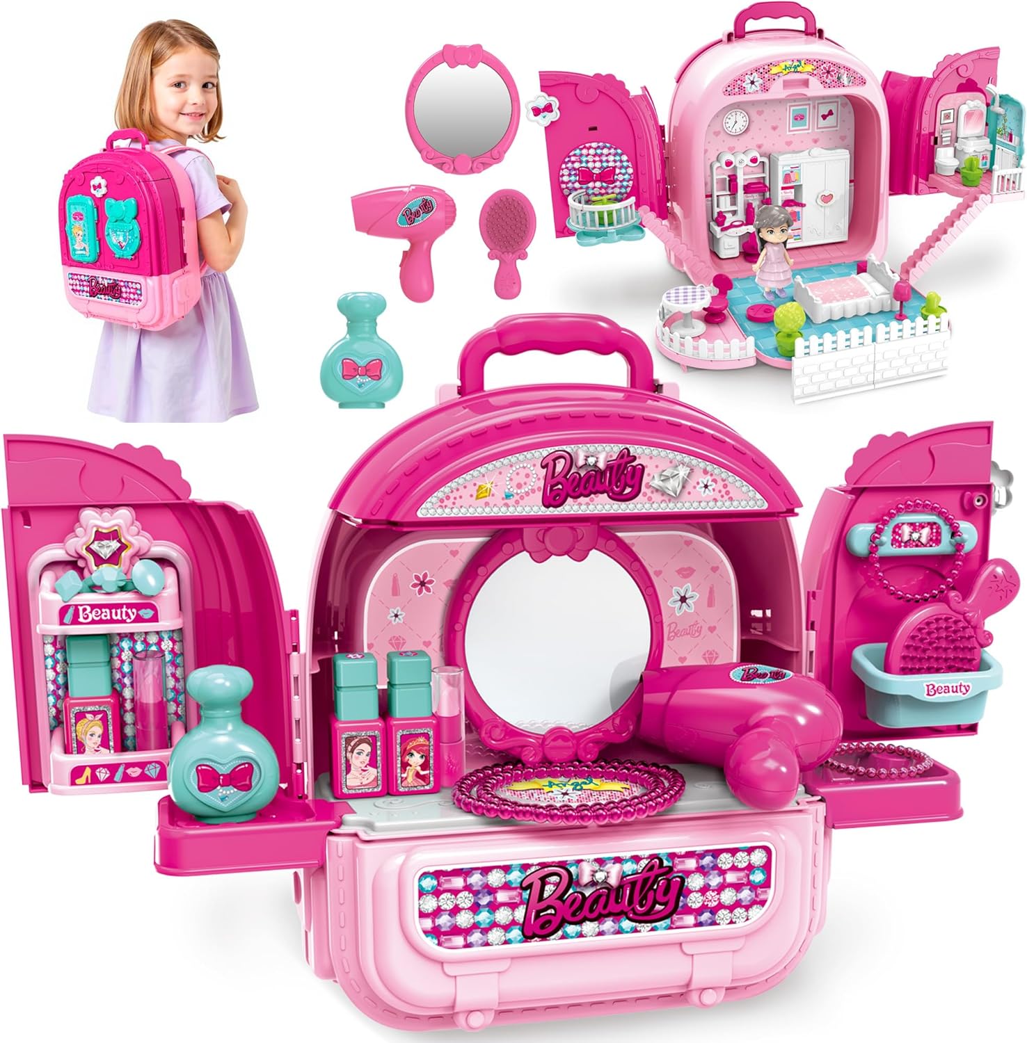 Beauty Vanity Backpack Toy — 3 in 1 Makeup Playset, Dollhouse & Carry Case with Mirror, Accessories & Hair Tools, Pretend Beauty Kit for Girls Ages 3+ OleocaToys