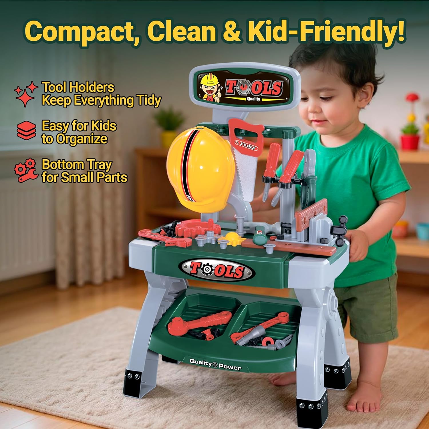 Toddler Tool Bench — Pretend Workbench with Toy Tools, Helmet, Screws & Gears, Creative Construction Playset for Hands-On Role Play, Gift for Kids Ages 3+ OleocaToys