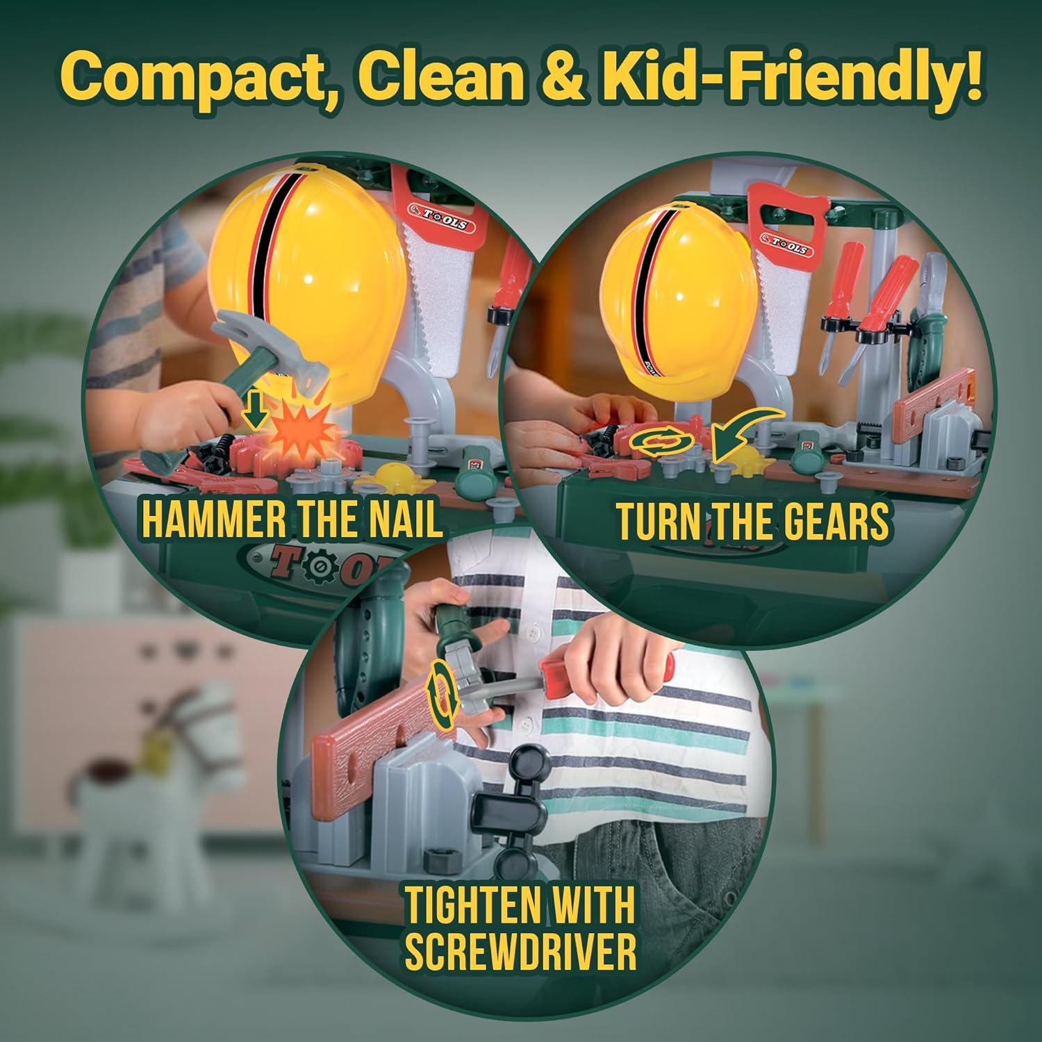 Toddler Tool Bench — Pretend Workbench with Toy Tools, Helmet, Screws & Gears, Creative Construction Playset for Hands-On Role Play, Gift for Kids Ages 3+ OleocaToys