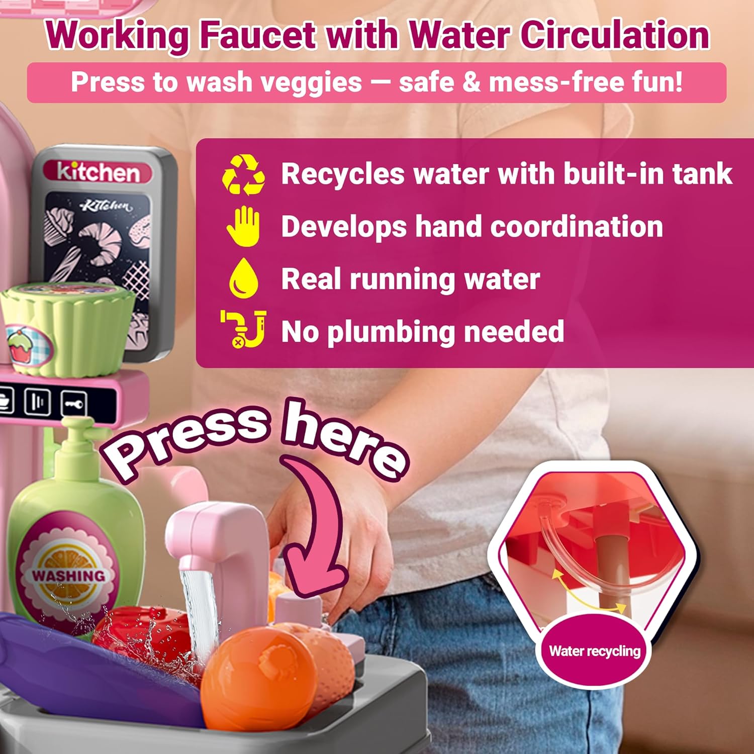 Kids Kitchen Playset — Toy Stove with Lights & Sound, Sink with Running Water, Oven, 53 Accessories & Cooking Tools, Pretend Cooking Gift for Girls Ages 3+ OleocaToys