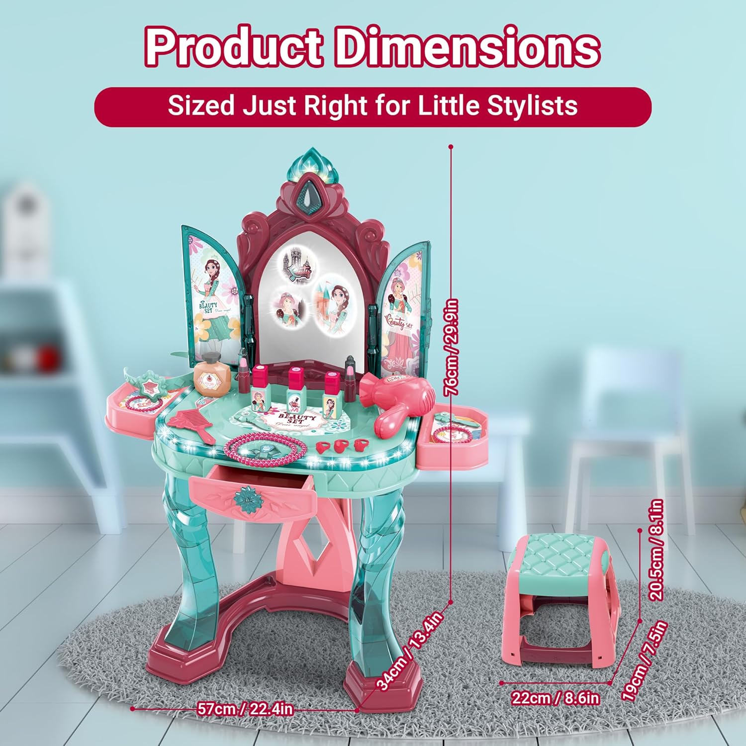 Toddler Vanity Table for Girls — Princess Makeup Playset with Light & Sound Mirror, Magic Sensor, Stool & Accessories, Pretend Beauty Toy for Ages 3+ OleocaToys