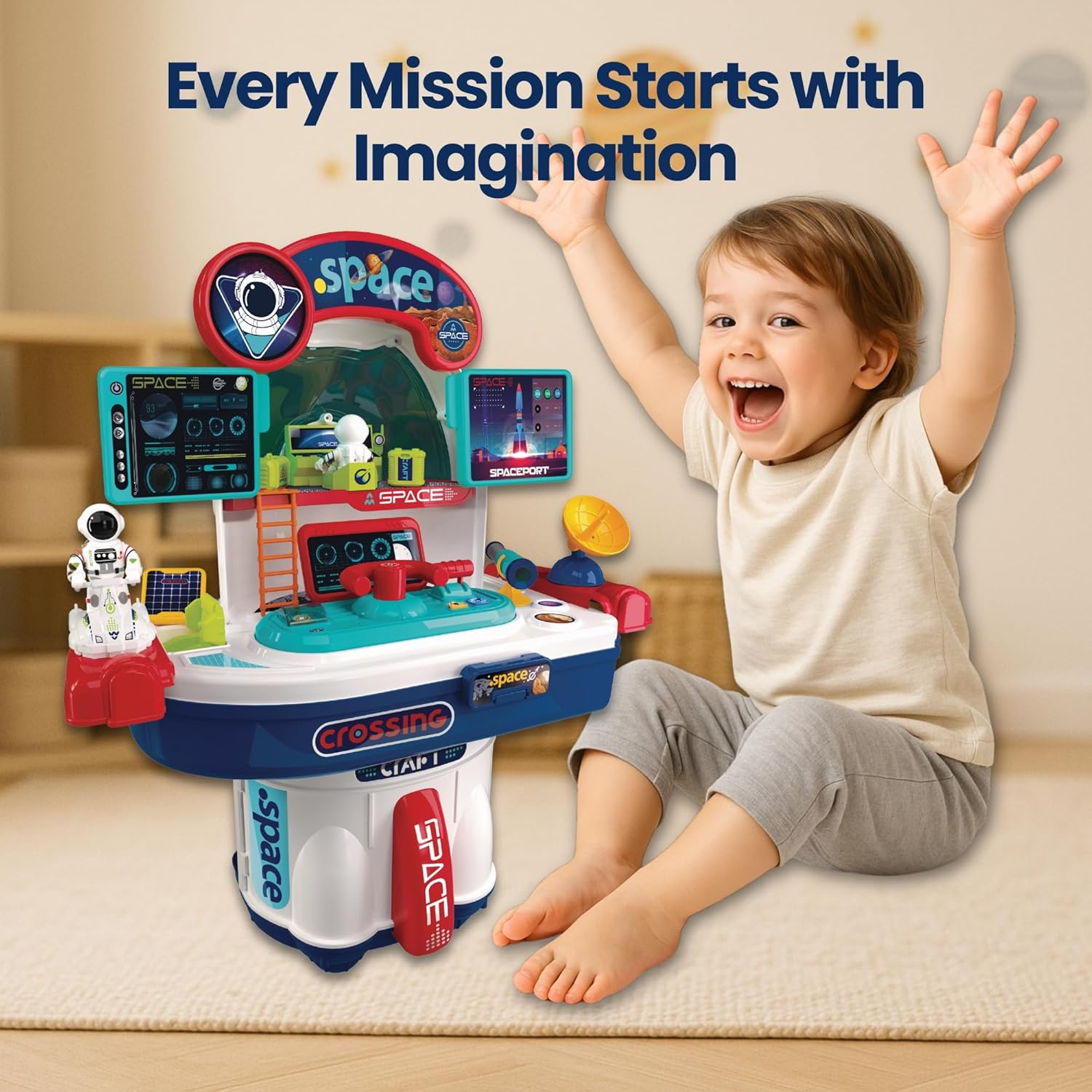 Space Toys for Kids – 2 in 1 Transforming Space Shuttle & Mission Control Playset with Astronaut, Lights & Sounds Effects, Interactive Space Station – Ages 3+ OleocaToys