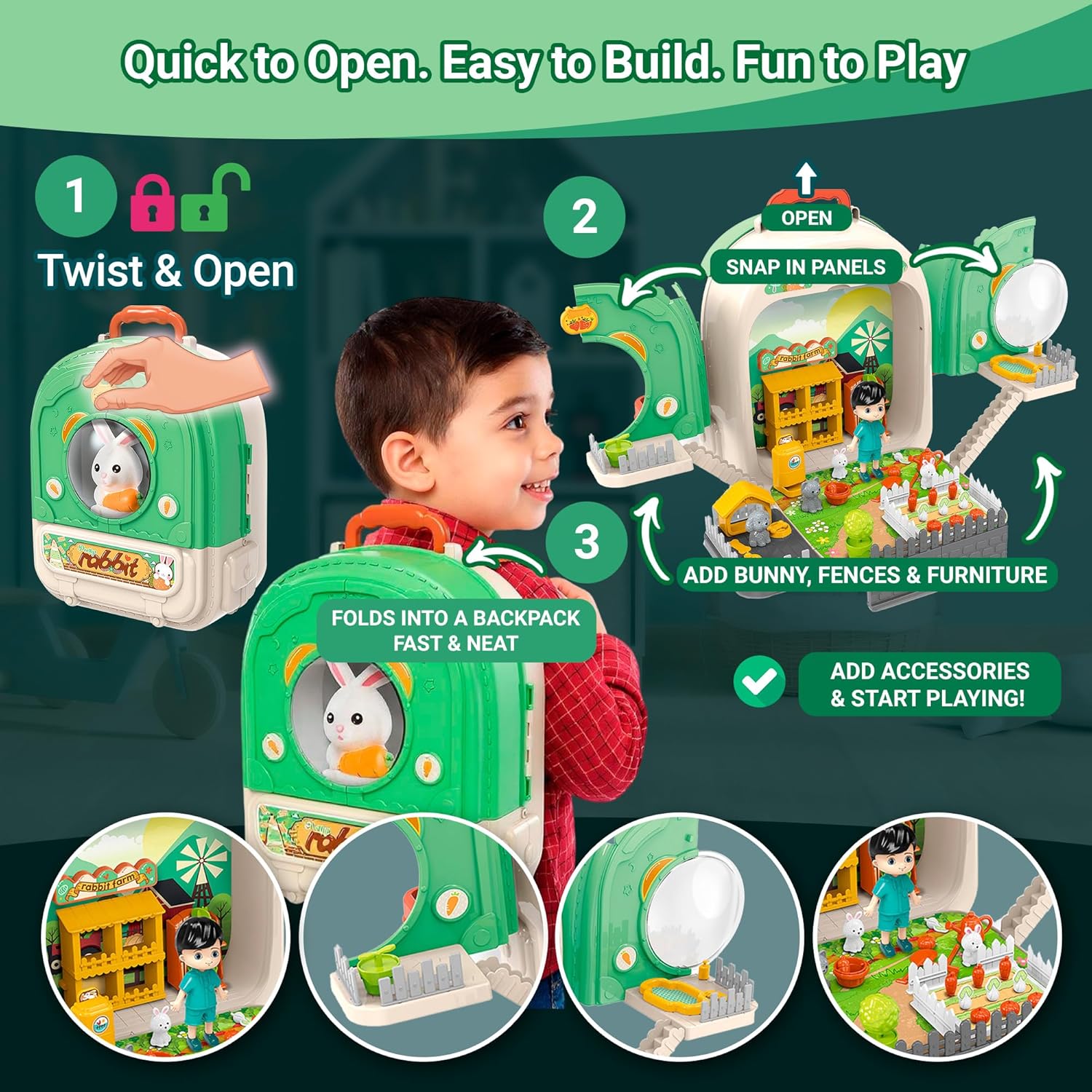 Vegetable Farm Backpack Toy — 3 in 1 Play Set with Rabbit Toys for Kids, Garden Accessories & Carry Case, Double-Sided Activity Set for Ages 3+ OleocaToys