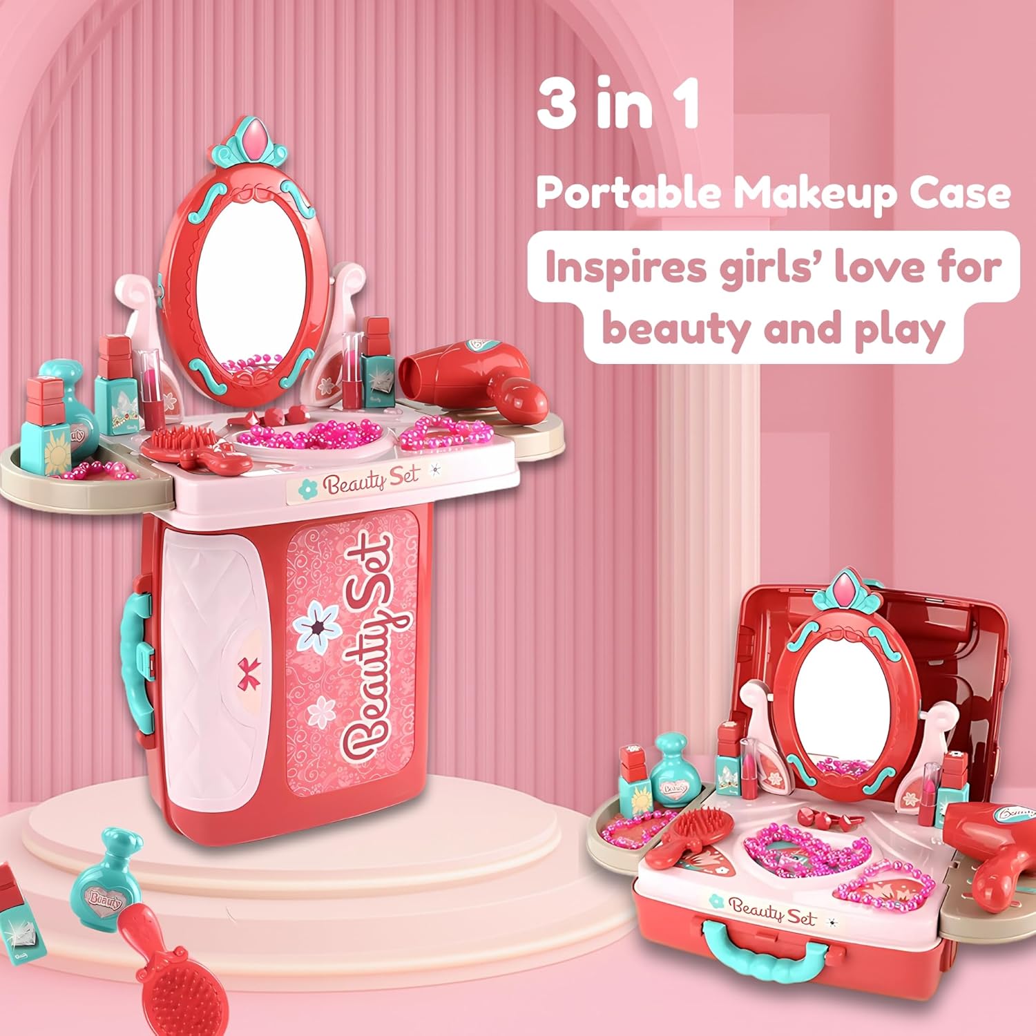 Kids Vanity Set — 3 in 1 Suitcase, Table & Vanity Mirror Playset with Pretend Makeup, Accessories for Role Play, Travel & Gifts for Girls Ages 3+ OleocaToys
