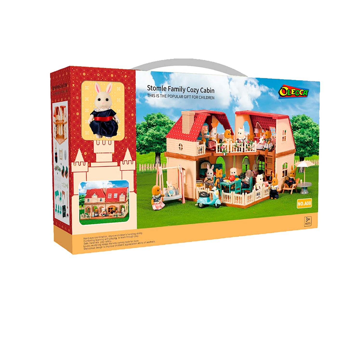 OLEOCA Family Children's 2 LED Light Villa Dollhouse Playset with Miniature Doll Figure, Furniture and Accessories included
