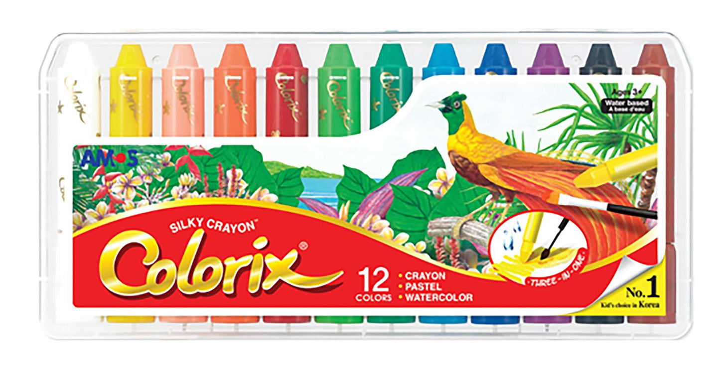 Box of Silky Crayon Colorix featuring a bird illustration, perfect for art drawing, doodling, and crafts with 12 vibrant colors.