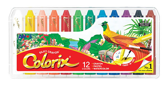 Box of Silky Crayon Colorix featuring a bird illustration, perfect for art drawing, doodling, and crafts with 12 vibrant colors.